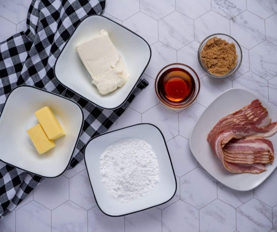 Ingredients needed for Air Fryer Maple Bacon Dip on kitchen table.