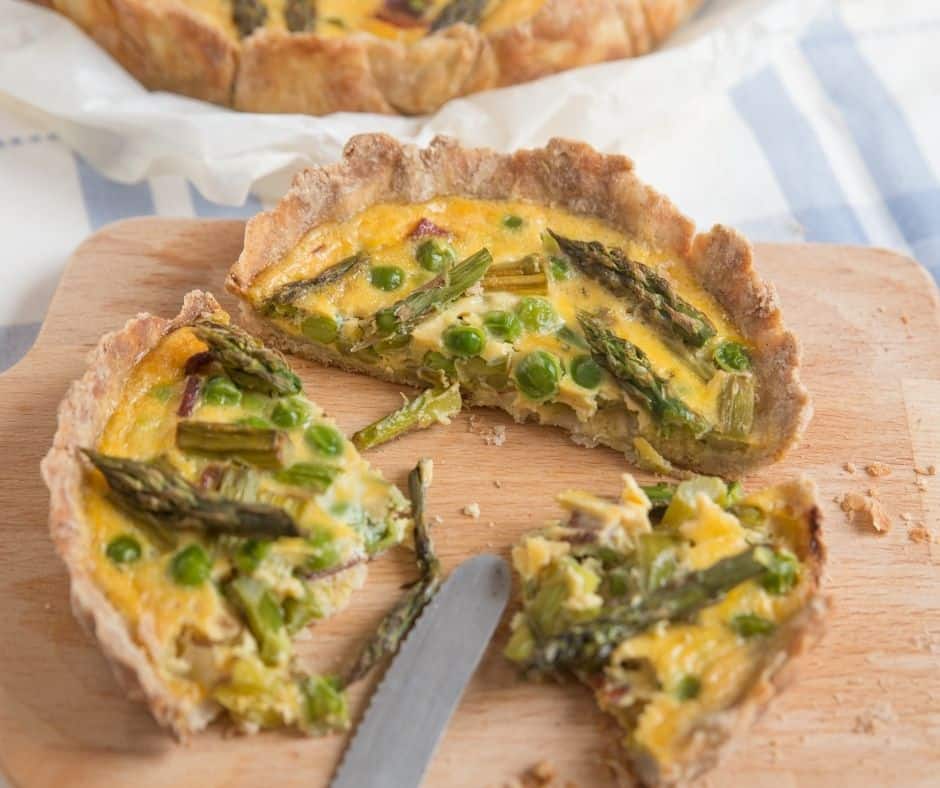 Air Fryer Asparagus Quiche with creamy eggs, cheese, and tender asparagus in a golden crust