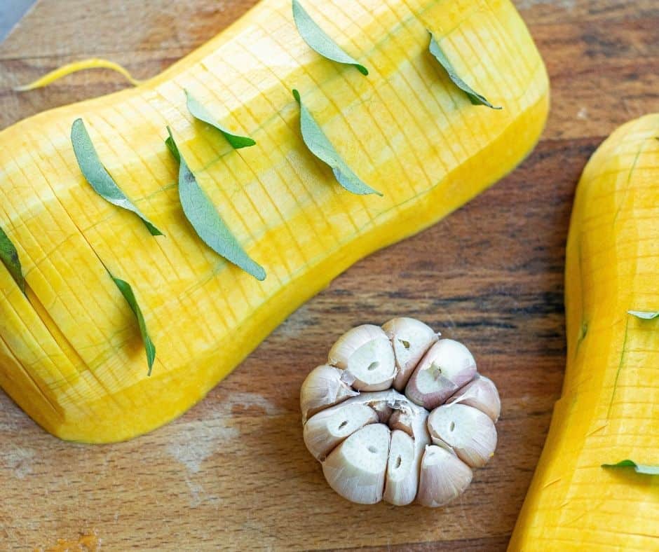 Ingredients Needed For Air Fryer Roasted Butternut Squash Hasselback with Bacon on cutting board