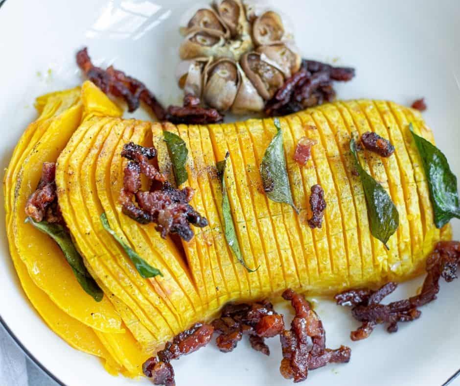 Air Fryer Roasted Butternut Squash Hasselback with Bacon