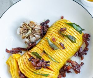 Air Fryer Roasted Butternut Squash Hasselback with Bacon