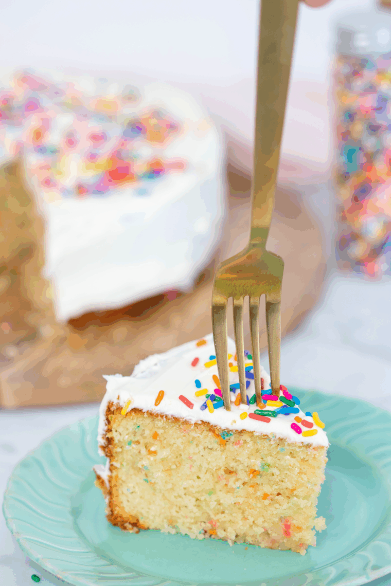 Air fryer Funfetti cake fresh and colorful on a plate