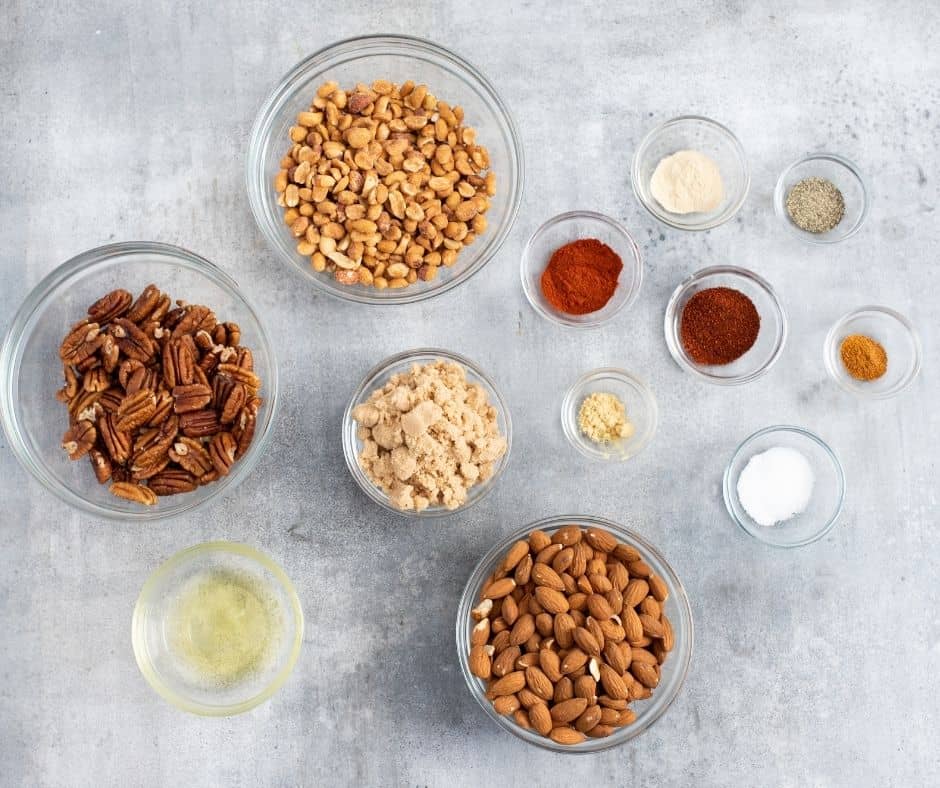 Ingredients Needed For Air Fryer Barbecue Roasted Mixed Nuts on kitchen table.