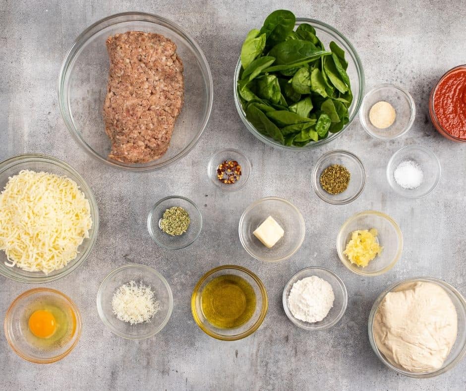 Ingredients Needed For Air Fryer Cheesy Sausage Pizza Bread on kitchen table.