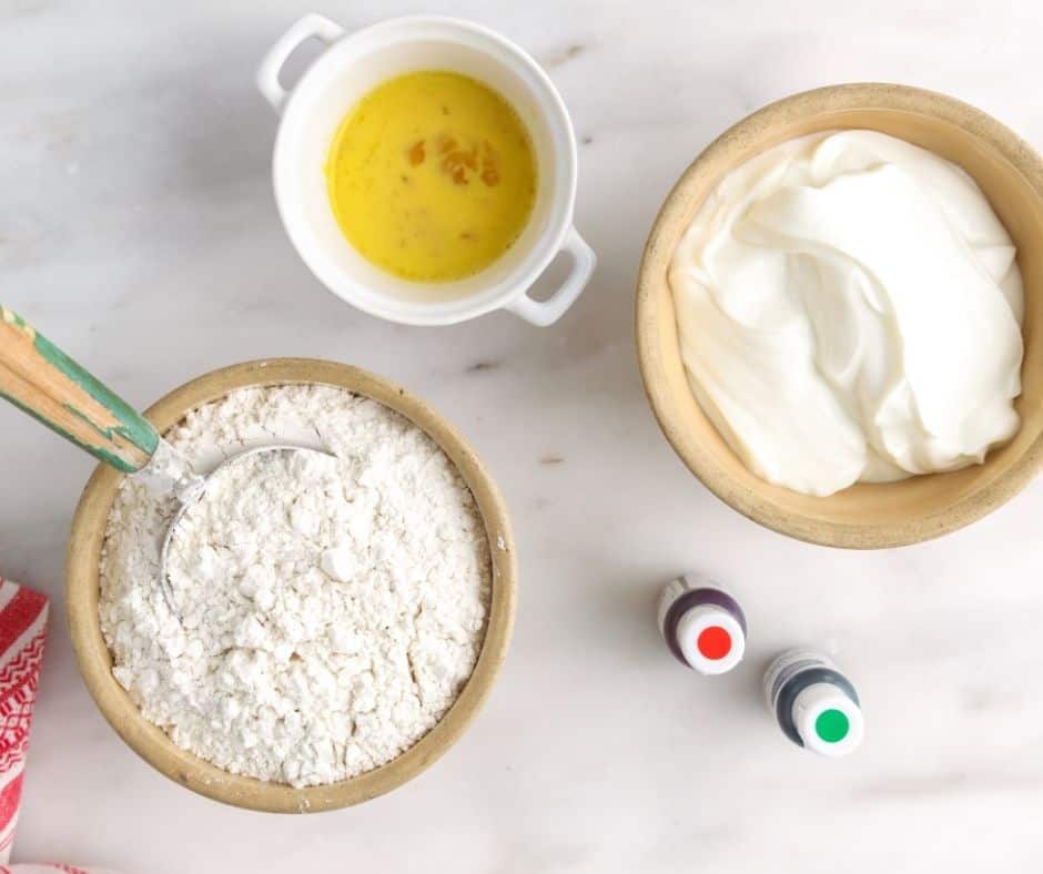Ingredients Needed For Air Fryer Christmas Bagels on a white table.