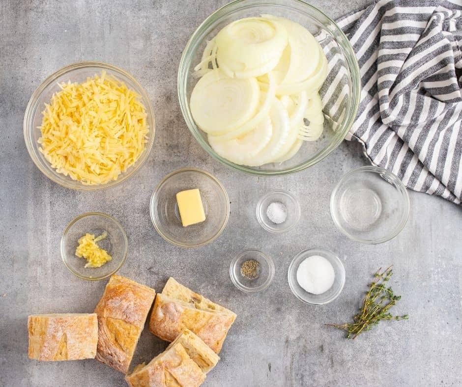 Ingredients Needed Air Fryer French Onion Cheese Bread on kitchen table.