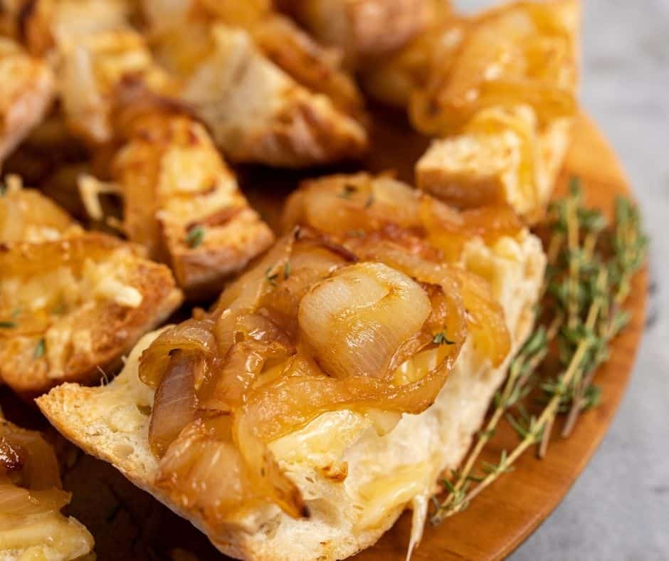 Air Fryer French Onion Cheese Bread with melted cheese and crispy golden crust