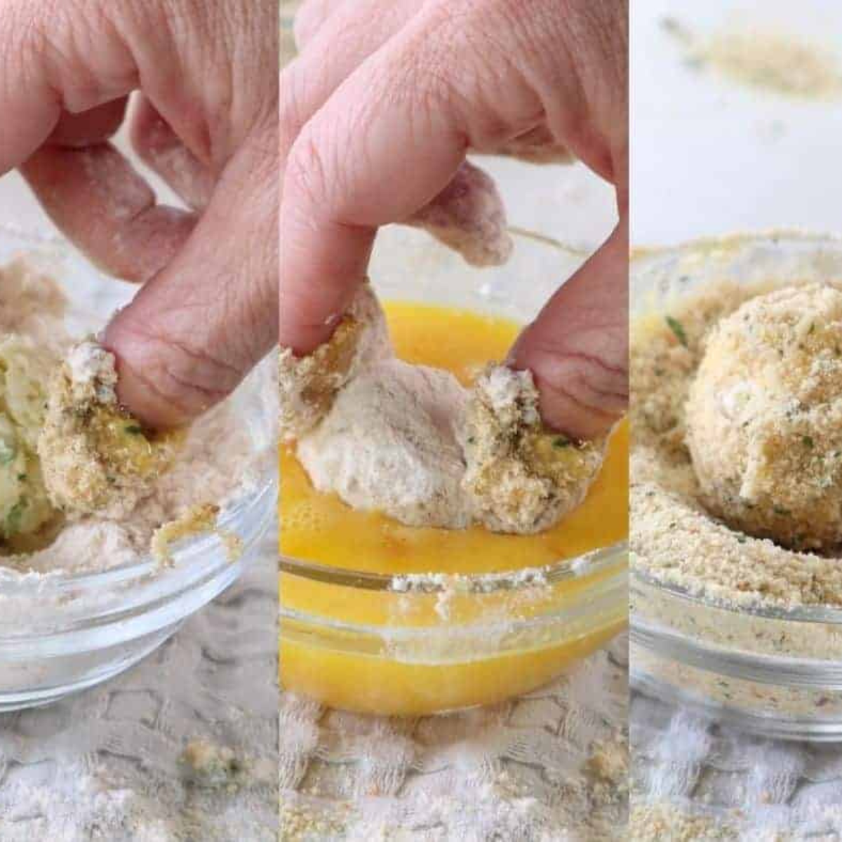 Coating cheese balls with flour, egg, and breadcrumbs