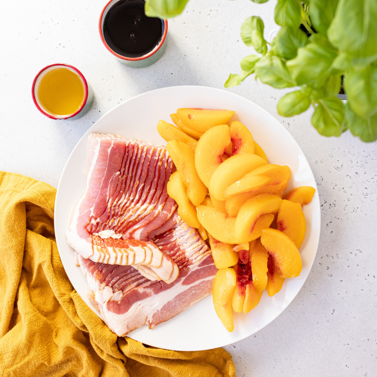 Ingredients Needed For Air Fryer Bacon Wrapped Peaches on kitchen table.
