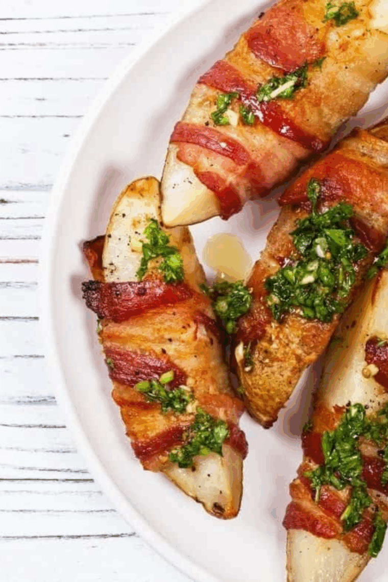Crispy air fryer bacon wrapped potato wedges cooked until golden and sizzling
