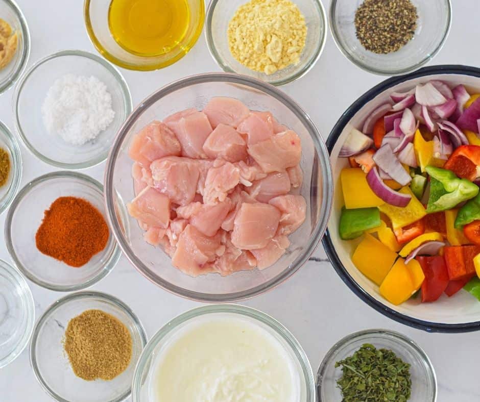 Ingredients Needed For Air Fryer Chicken Tikka Tortilla Wraps on kitchen table.