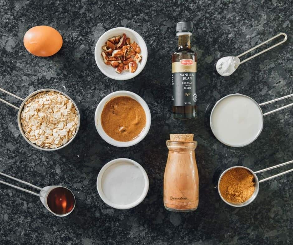 Ingredients for Air Fryer Cinnamon Roll Baked Oatmeal: rolled oats, brown sugar, cinnamon, milk, egg and maple syrup