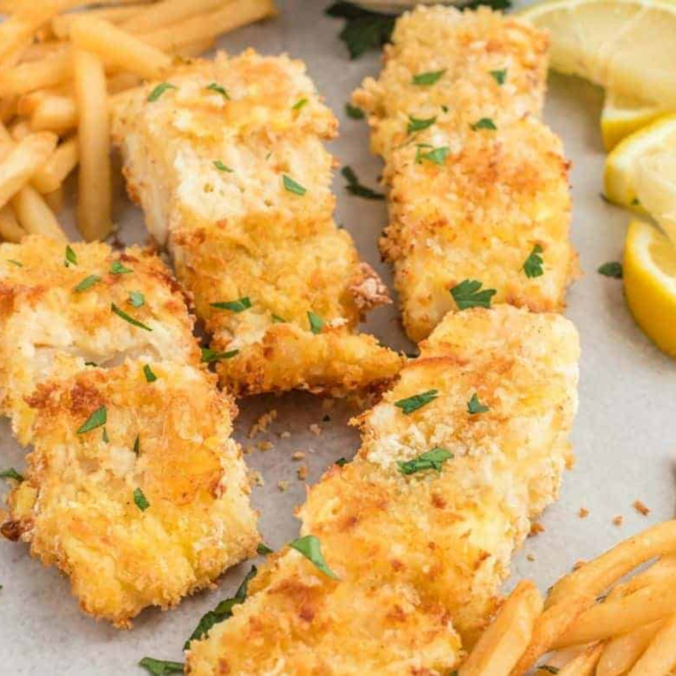 Air fryer panko cod fillets with a crispy golden crust, ready to serve.