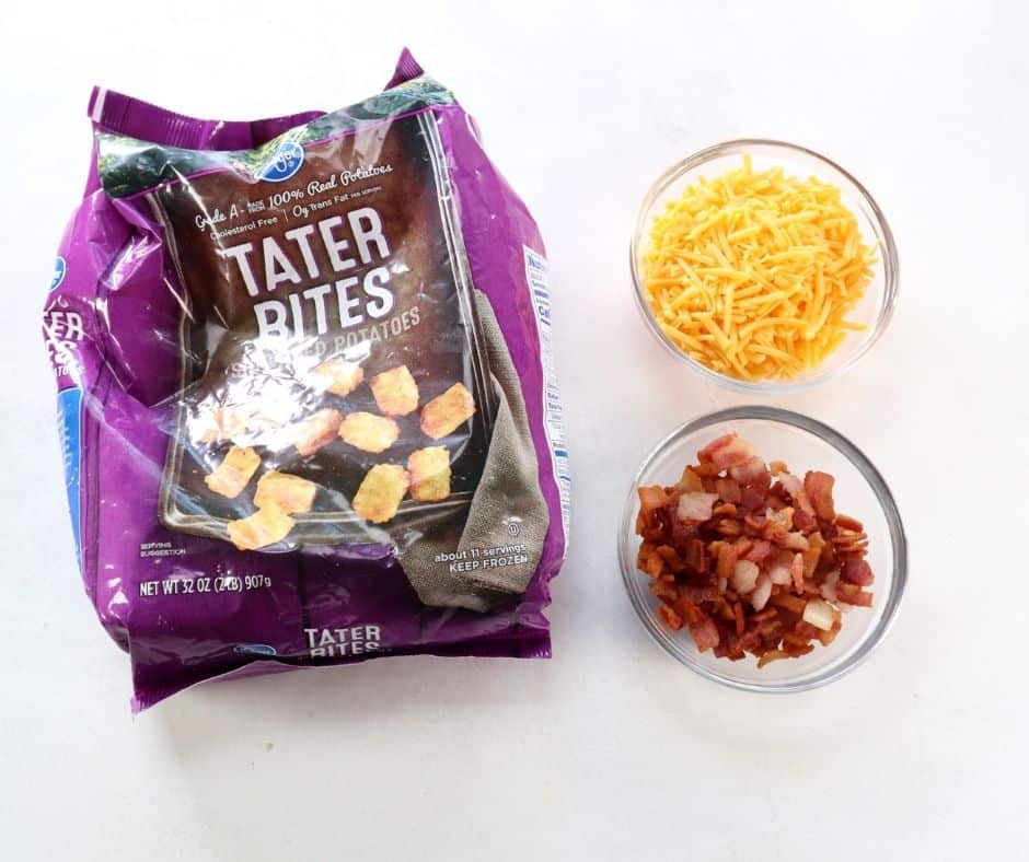 Ingredients needed for Air Fryer Loaded Tater Tot Skewers on kitchen table.