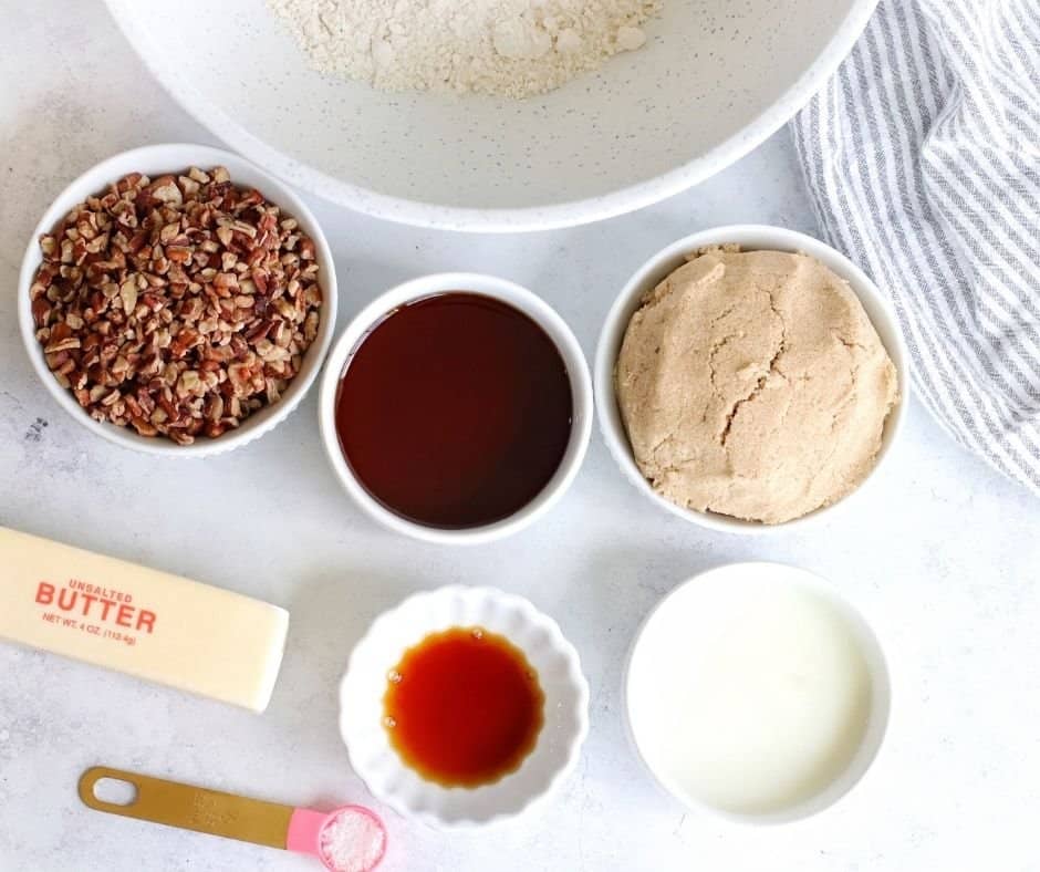 Ingredients Needed For Air Fryer Maple Pecan Bars on kitchen table.