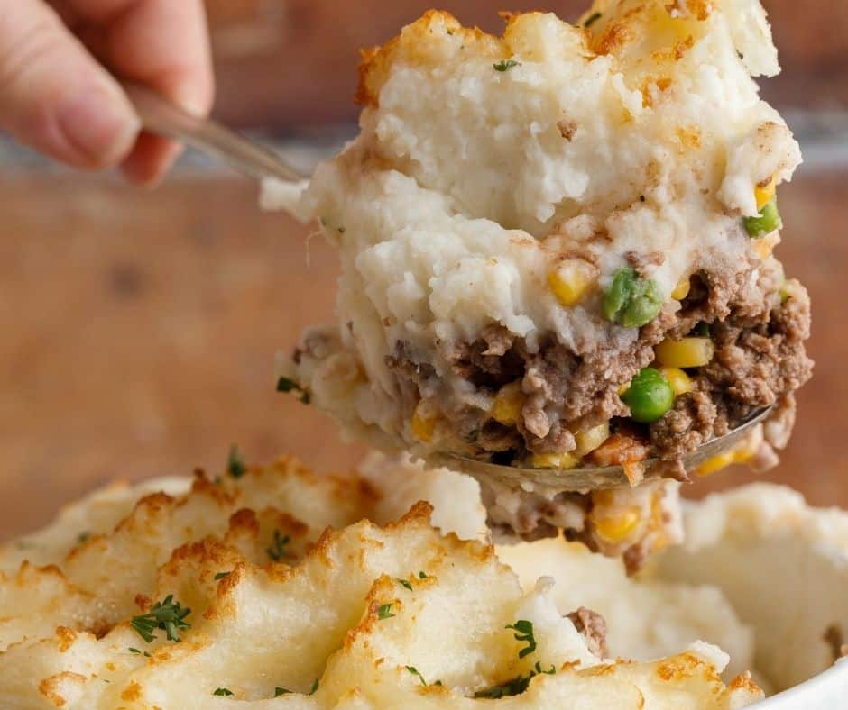 Plate of air fryer shepherd’s pie with ground beef, vegetables, and golden mashed potato topping