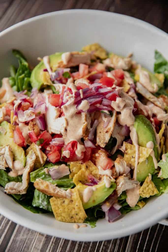 Close-up of air-fried taco-seasoned chicken breast for Santa Fe Chicken Salad
