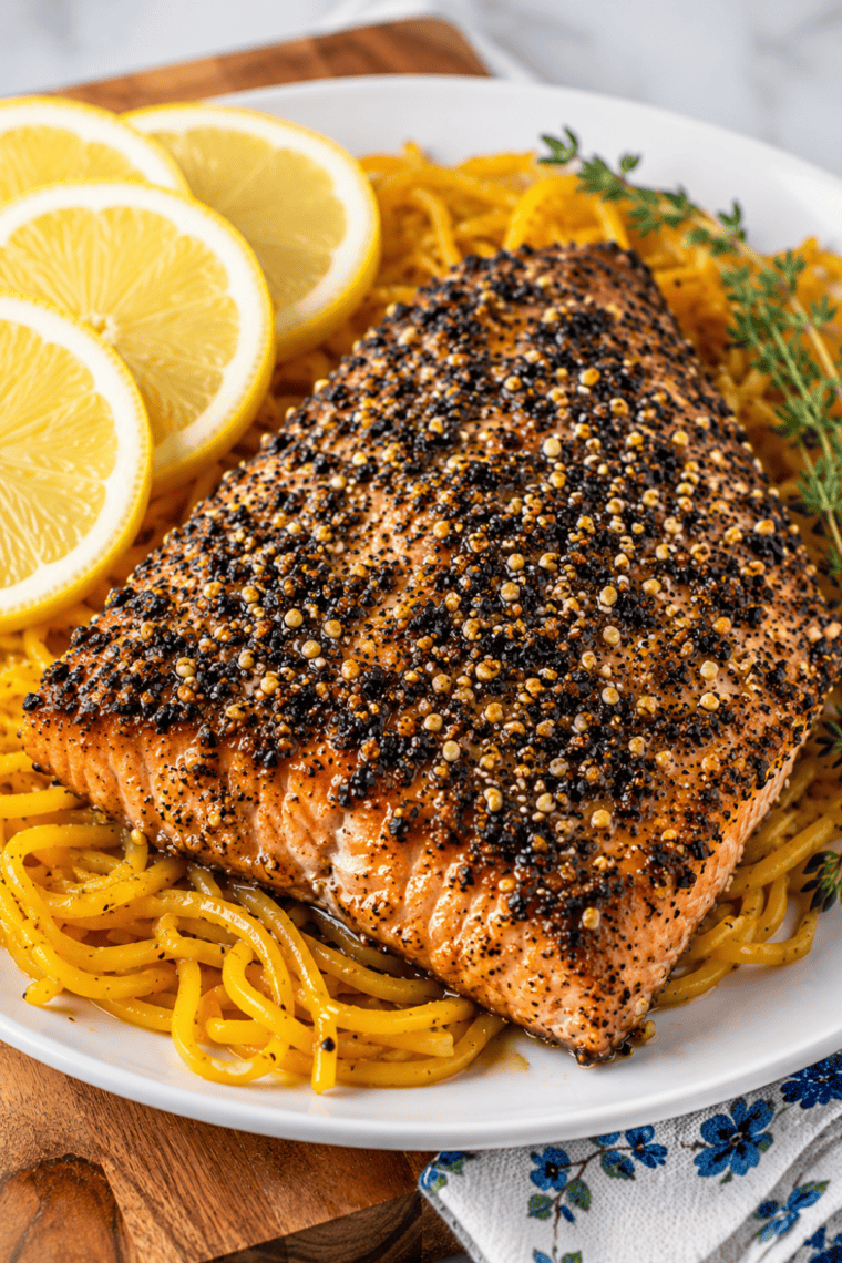 Flaky everything bagel salmon on a plate garnished with fresh lemon and herbs