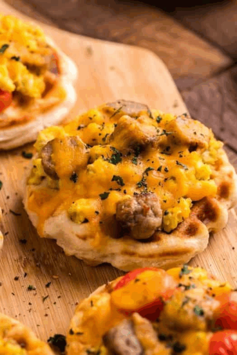 Golden air fryer breakfast pizza waffles topped with melted cheese, eggs, and assorted toppings