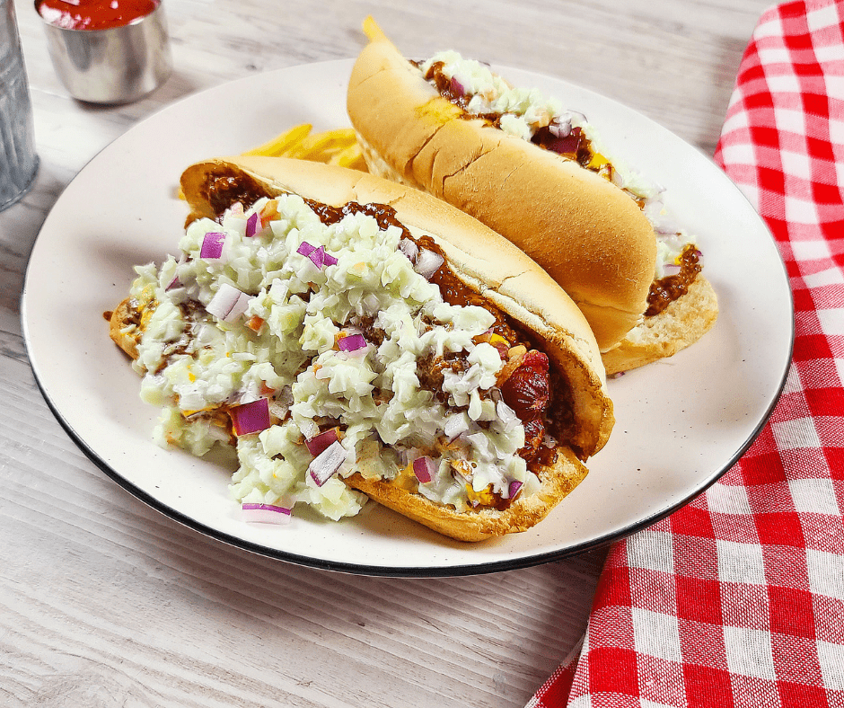 Image of Air Fryer Carolina-Style Hot Dogs with slaw on top: "Delicious Air Fryer Carolina-Style Hot Dogs topped with tangy coleslaw."