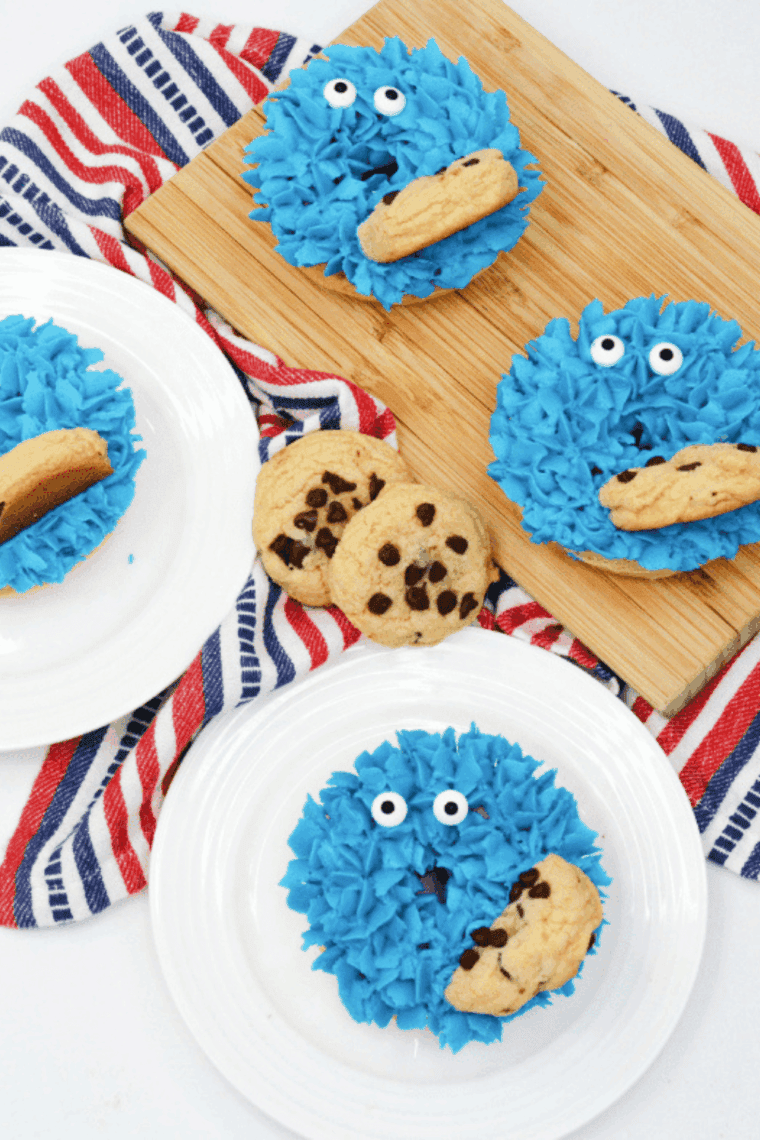Blue Cookie Monster donuts made in the air fryer topped with cookie pieces