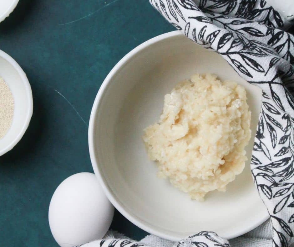 Hokkaido bread starter being heated in a pan, then transferred to a bowl and covered with a dish towel, with dough ingredients like flour, yeast, condensed milk, sugar, and salt in a stand mixer bowl.
