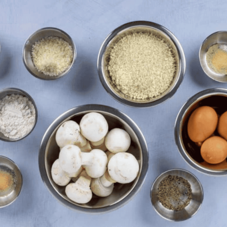 Ingredients needed for Logans Roadhouse Fried Mushrooms on kitchen table.