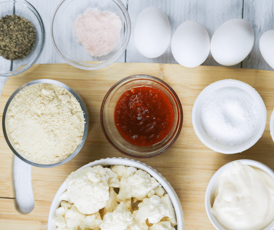 Ingredients Needed For Air Fryer Bang Bang Cauliflower on kitchen table.