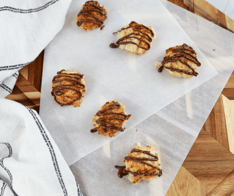 Freshly baked Air Fryer Macaroons with coconut and chocolate chips.