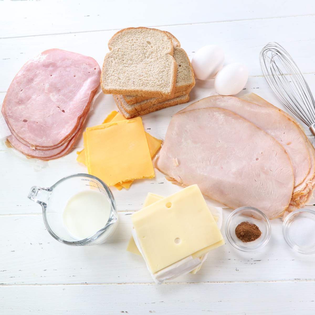 Ingredients Needed For Air Fryer Monte Cristo Sandwich on kitchen wooden table