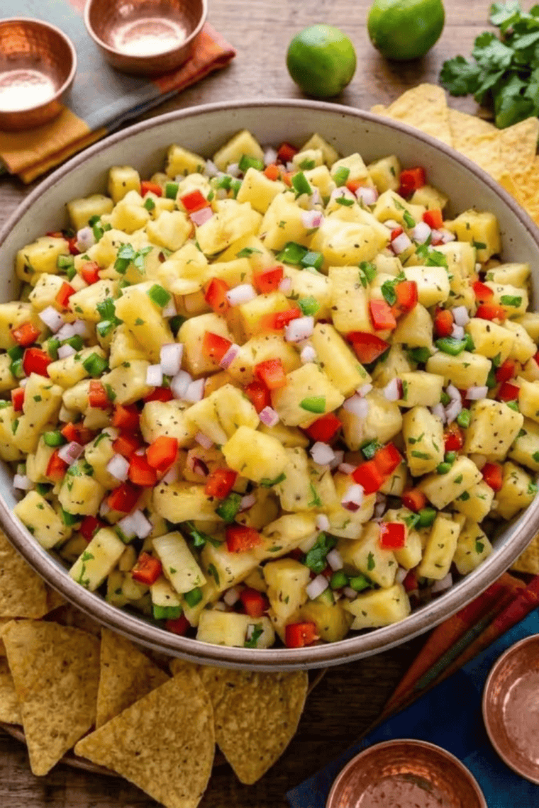 Fresh pineapple salsa in a bowl with red onion, jalapeño, cilantro, and lime.