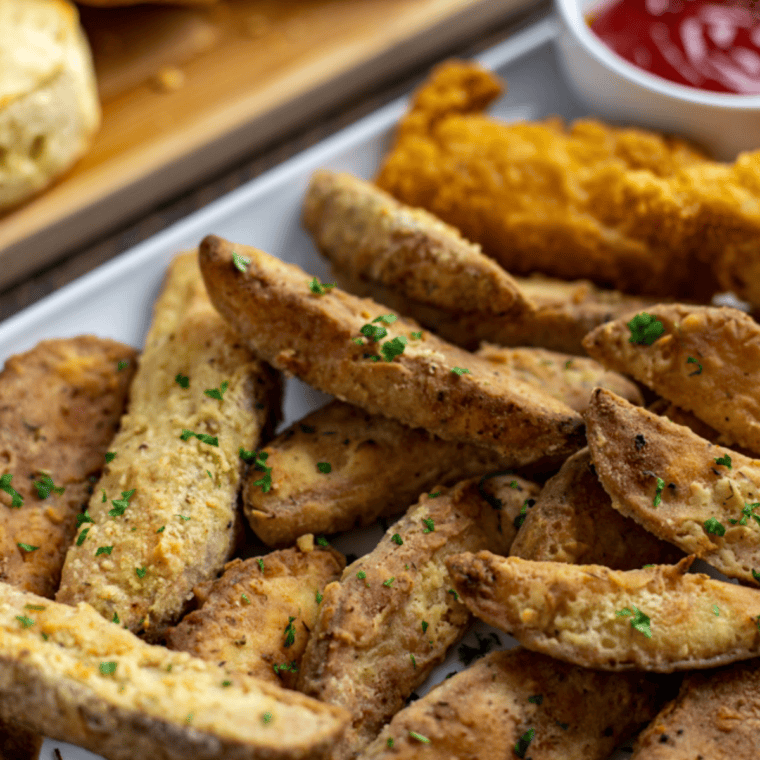 Air Fryer Copycat KFC Potato Wedges, crispy, golden, and perfectly seasoned on a plate.