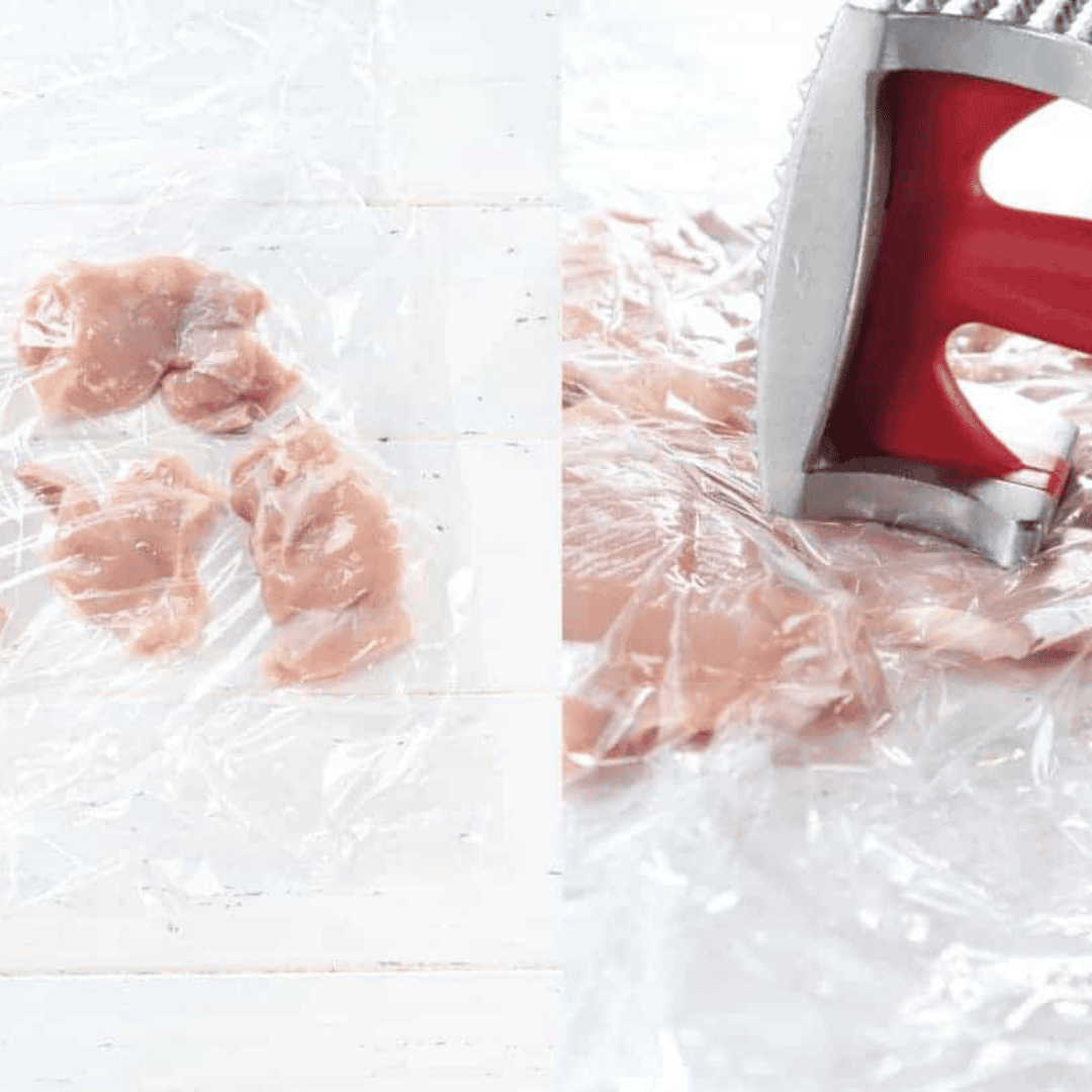 Boneless chicken thighs pounded thin between plastic wrap for air fryer schnitzel