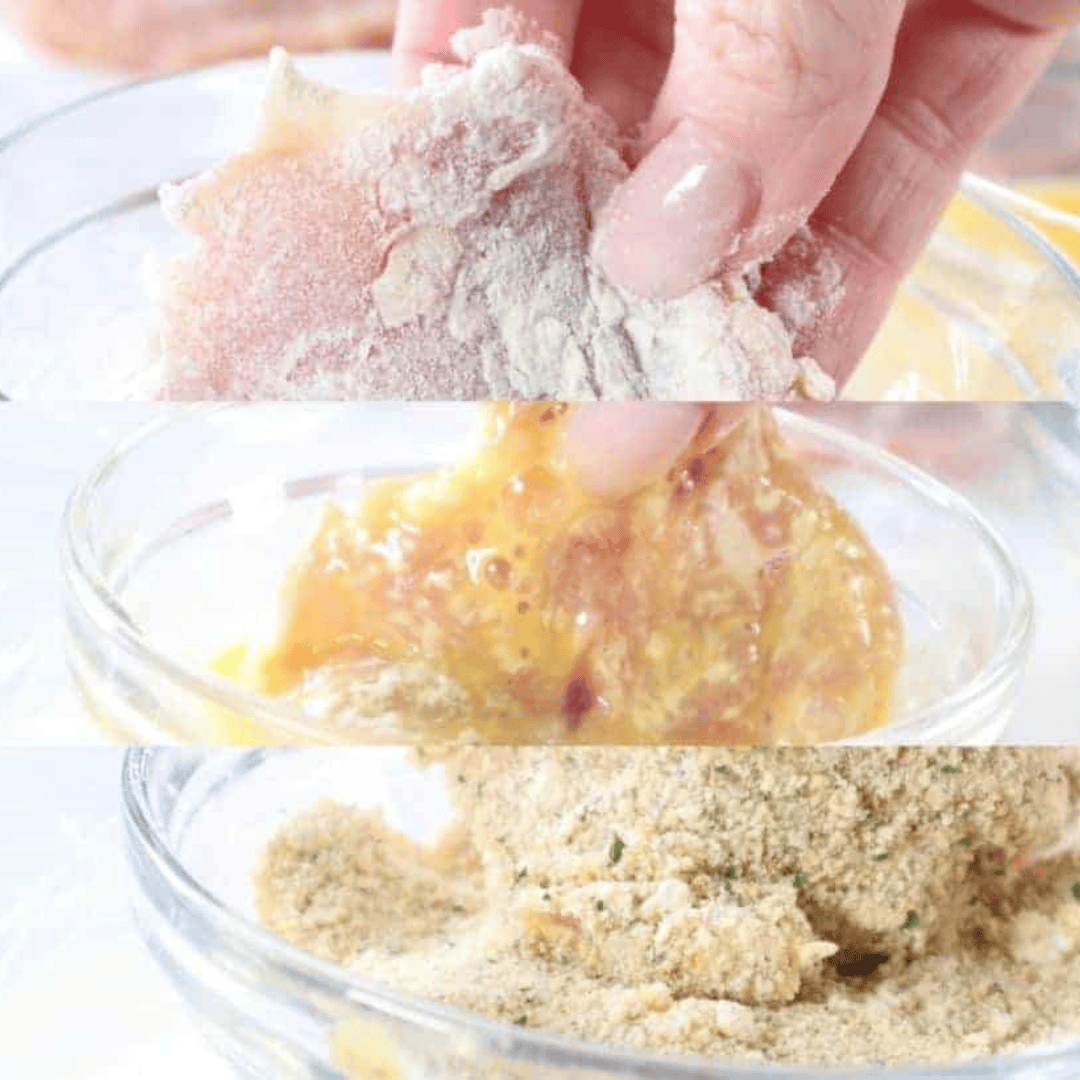 Pounded chicken thigh dredged in breadcrumbs for crispy air fryer schnitzel