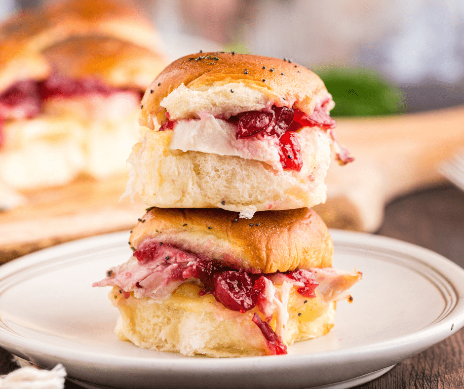 Air Fryer Leftover Thanksgiving Sliders with turkey, stuffing, cranberry sauce, and melted cheese, cooked to perfection in the air fryer.
