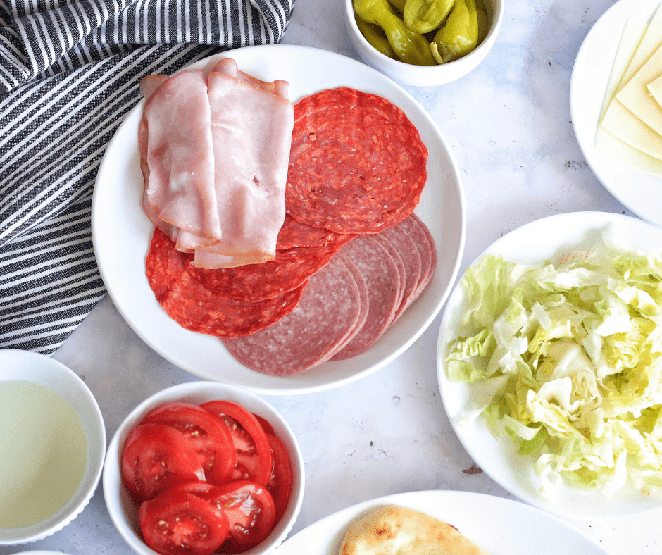 Ingredients Needed For Air Fryer Flatbread Sandwich on kitchen table.