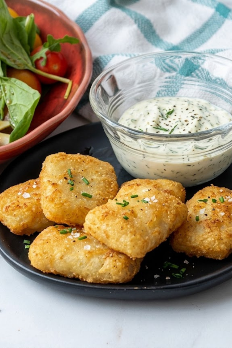 Crispy air fried Trader Joe's battered fish nuggets in an air fryer basket with tartar sauce