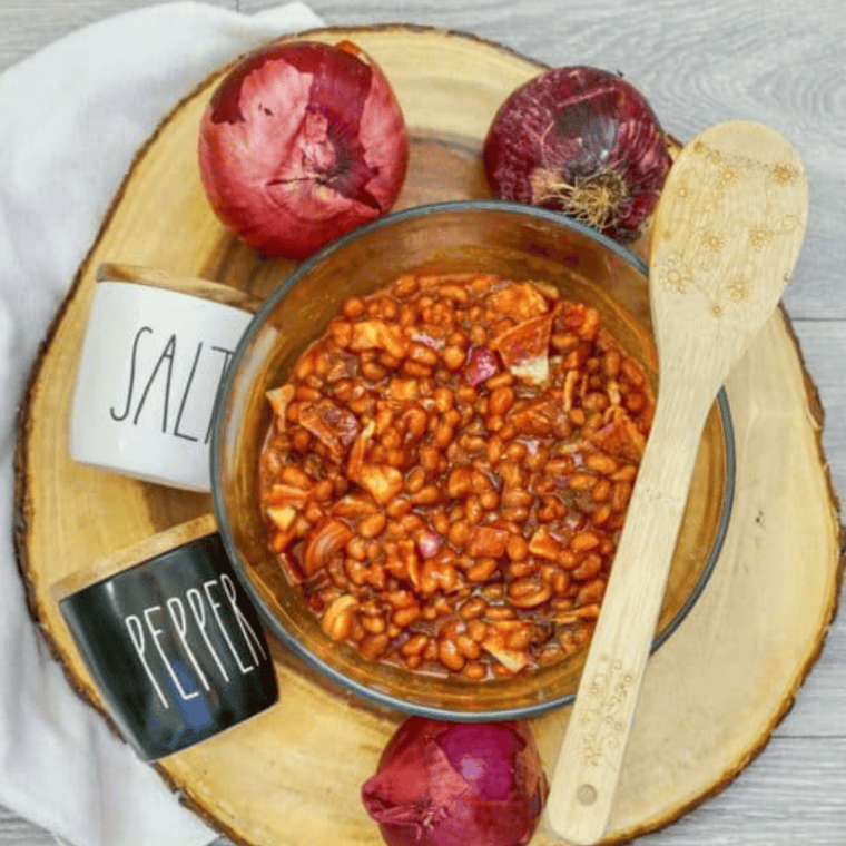 KFC BBQ Baked Beans ingredients in bowl.