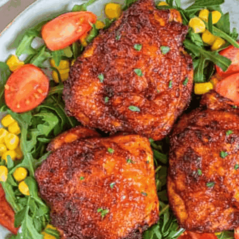 Plate of Wingstop Buffalo Chicken Thighs on top of a salad.