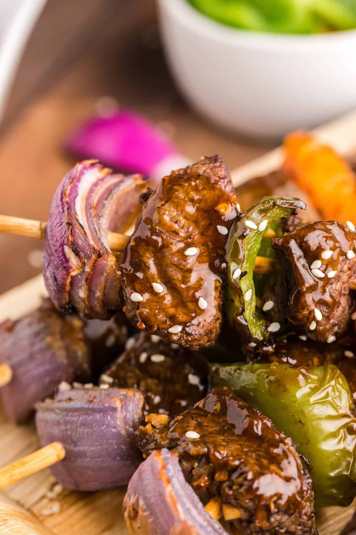 Close up of an Air Fryer Beef Kabob.