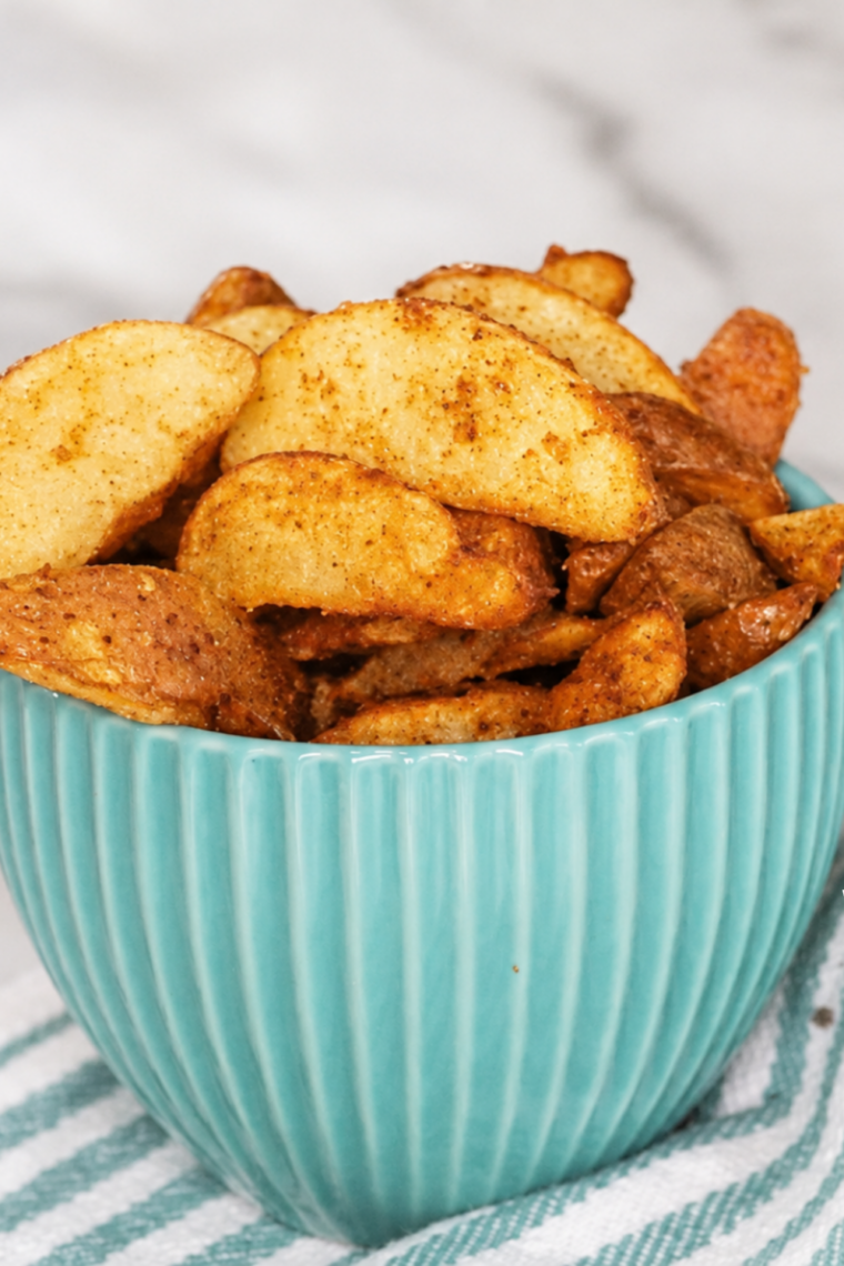 Crispy golden air fryer frozen potato wedges served in a white bowl