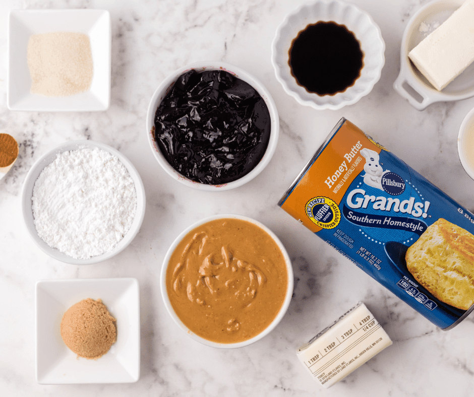 Ingredients Needed For Air Fryer Peanut Butter and Jelly Doughnuts on kitchen table.