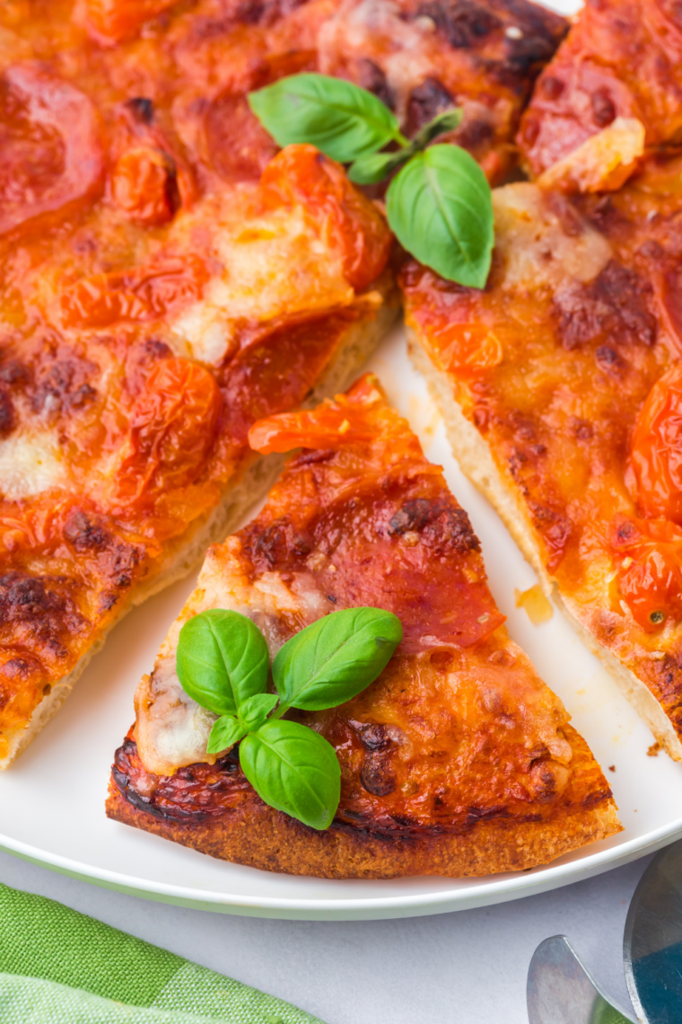 Close up of Easy Air Fryer Boboli Pizza Recipe on kitchen table.