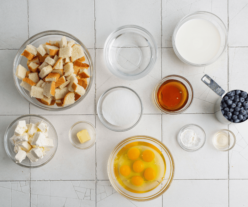 Ingredients Needed For Air Fryer Blueberry French Toast Casserole on kitchen table.