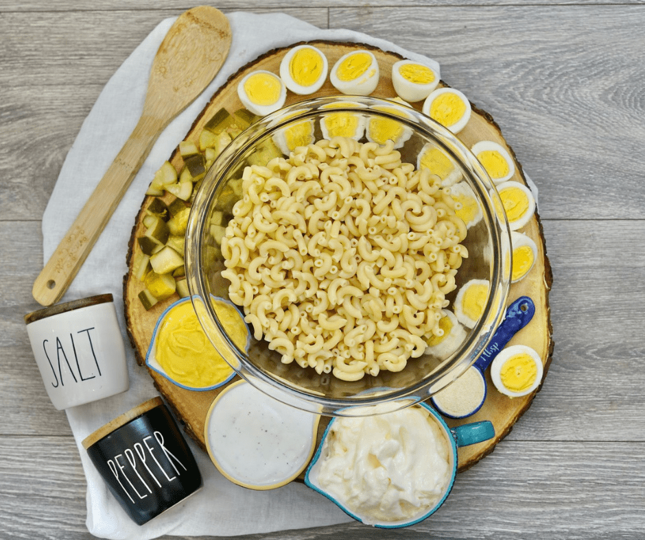 Ingredients needed for Air Fryer Deviled Egg Pasta Salad on kitchen table.