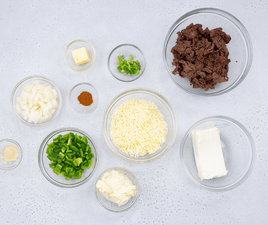 Ingredients Needed For Air Fryer Philly Cheesesteak Dip on table.