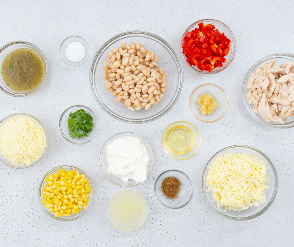 Ingredients Needed For Air Fryer White Chicken Chili Dip on kitchen table.