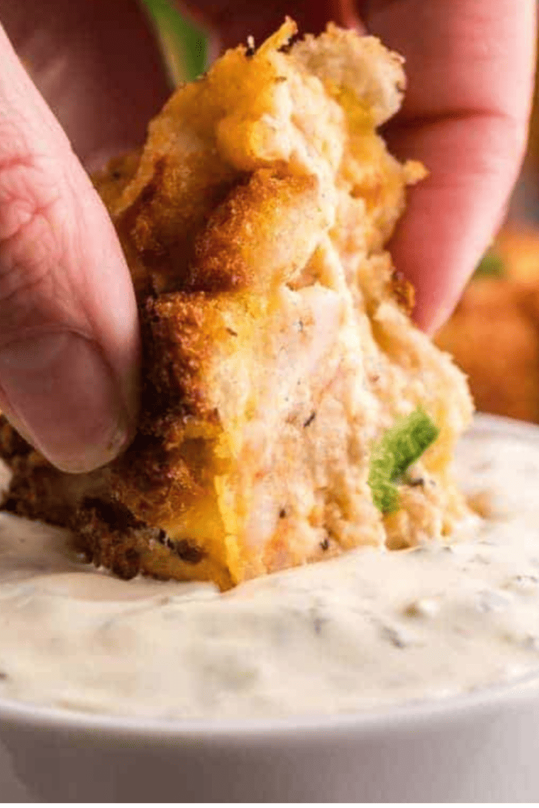 Whataburger Jalapeno Ranch Recipe in bowl with hush puppy being dipped.