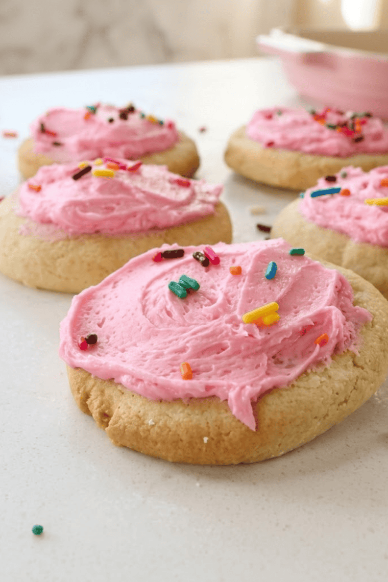 Close up of a plate of Air Fryer Copycat Lofthouse Cookies on kitchen counter.