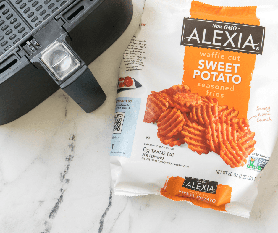 "Golden crispy Air Fryer Frozen Sweet Potato Waffle Fries, cooked to perfection for a quick and tasty snack."